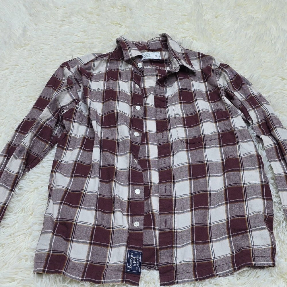 Abercrombie & Fitch Women's Plaid Shirt - Maroon and White